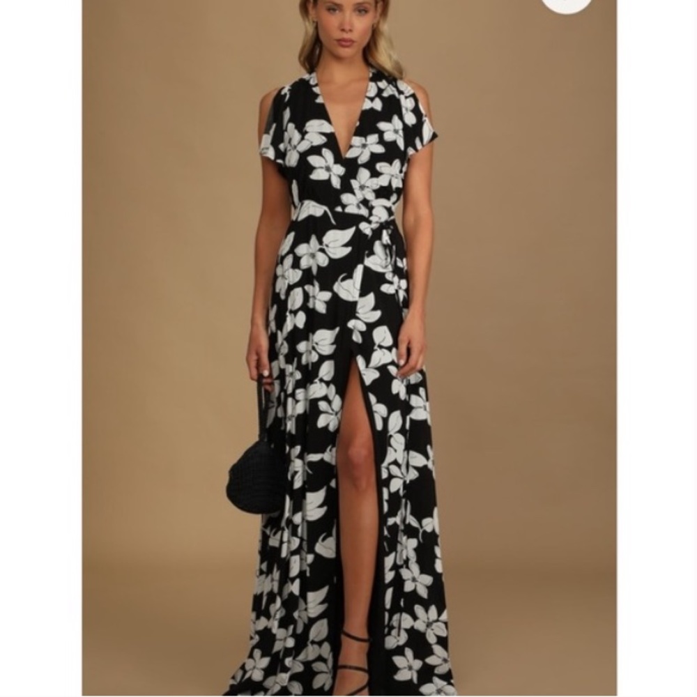 Lulus Azalea Regalia Black Floral Print Wrap Dress